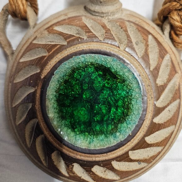 Wall Pocket Canteen Vase Stoneware w/Crackle Glass Art Pottery Hanging Decor - Picture 3 of 12